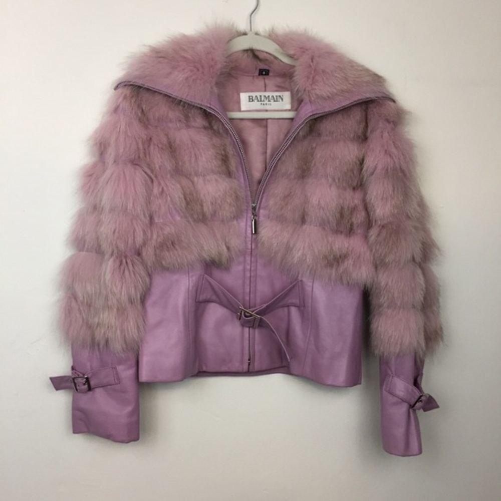 Balmain lavender purple fox and leather fur coat